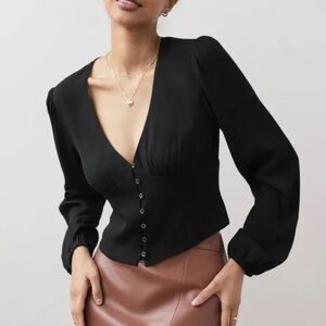 Aritzia Wilfred Black Long Sleeve V-neck Blouse, Prairie Style w/ Buttons